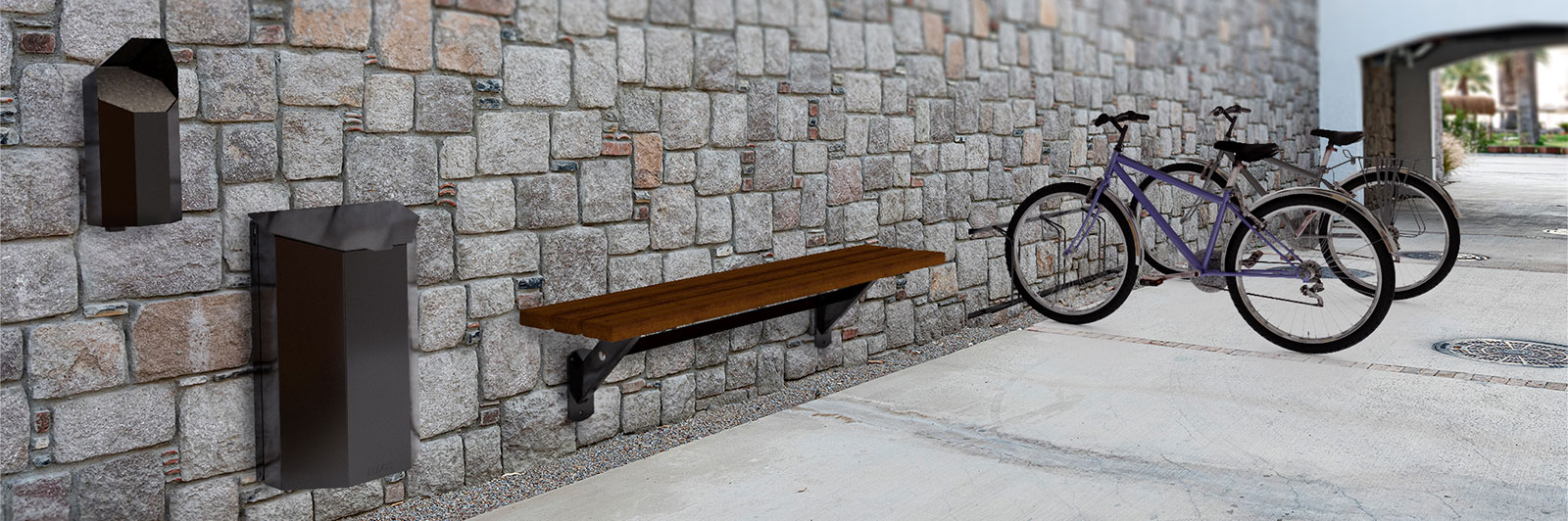 Render image of a brick wall, with a mounted bench, mounted bicycle stand and a mounted litter bin, to show space saving outdoor furniture. 